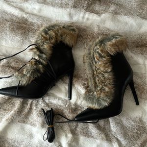 faux fur lace up faux leather heels